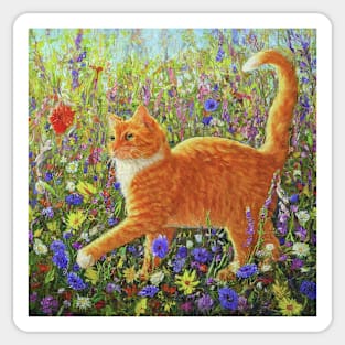 Cute orange cat walking in the flowers, funny cats lovers Sticker